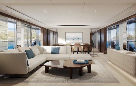 Rendering of Custom Line Saetta 128' superyacht main saloon with L-shaped sofa and aft dining area 