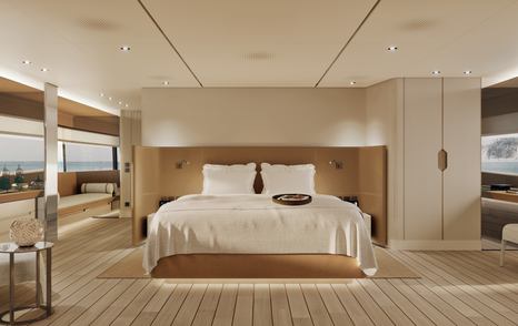 Custom Line Navetta 35 motor yacht master cabin with large windows 