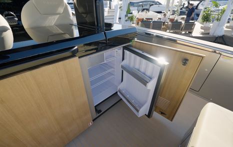 Pardo-43-Review-cockpit-galley-fridge-drawer-open-in-outdoor-kitchen-unit