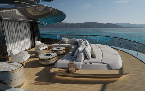 Rendering of ISA Yachts Granturismo 66 Superyacht aft deck seating with sunpads 