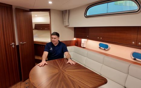 Elling E4 lower saloon dining table and seating with Jack Haines