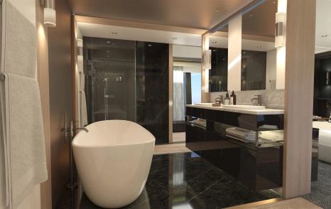 Rendering of bathtub and sink inside Sunseeker Ocean 460