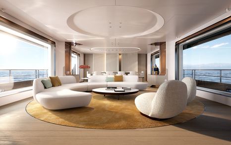 Main salon onboard Azimut Grande 36 Metri, seating curved around a central coffee table, large windows on either side.