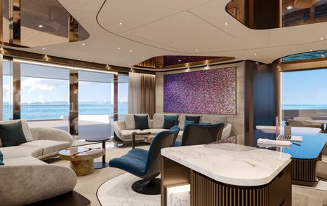 Rendering of Sanlorenzo 74Steel Superyacht master cabin private office seating area with curved sofas 