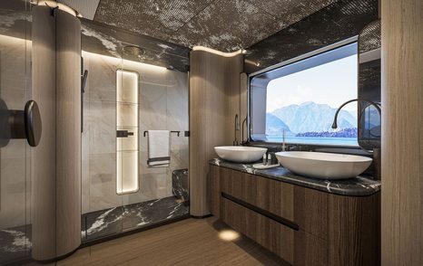 Rendering of Sirena 42M superyacht master cabin ensuite with his and her sinks