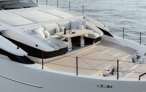 Sanlorenzo SL86A motor yacht foredeck with U-shaped white seating