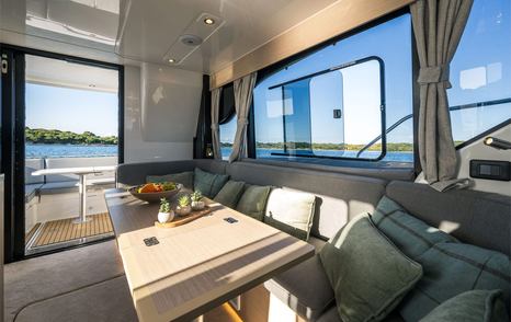 Updated Delphia 11 Flylounge Motor Yacht saloon seating 