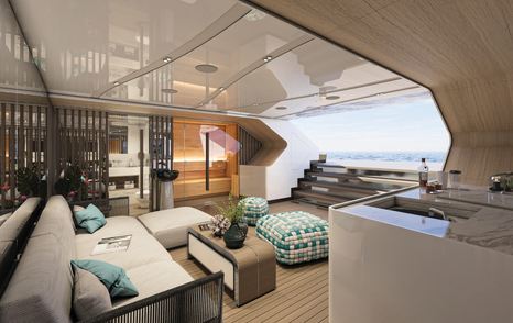Rendering of Bilgin 163 II superyacht beach club with white furniture and wooden finishes 