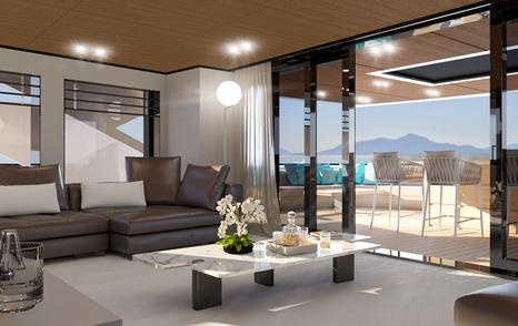Interior lounge with dark grey seating onboard WiderCat 92