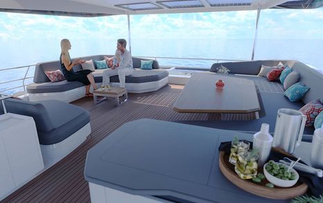 Rendering of Fountain Pajot Power 80 catamaran sundeck with curved seating