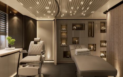 Rendering of Sanlorenzo 74Steel Superyacht lower deck wellness room with massage table 