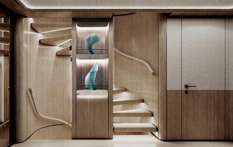 Rendering of Atlante Classic 36 motor yacht indoor spiral staircase 