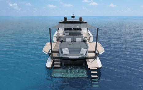 Rendering of Sialia 59 Sport boat aft decks with extended stairs and sunbeds under canopy