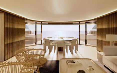 Rendering of Benetti Oasis 42M superyacht main saloon dining area with circular table