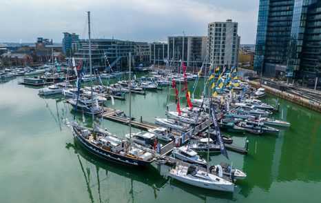 Overhead view of Ocean Village Marina with motor yachts berthed