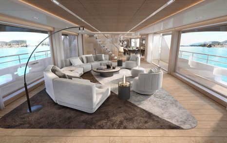 Rendering of the Benetti B.Now 50M Evo superyacht main saloon aft area with curved seating
