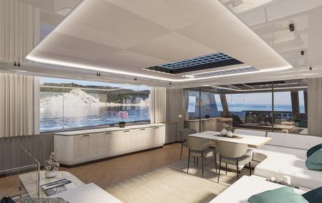 Rendering of second Extra X90 FAST motor yacht main saloon with white sofas and neutral pallet
