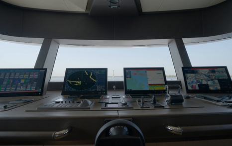 Central helm station aboard the Gulf Craft Majesty 145 with integrated navigation displays