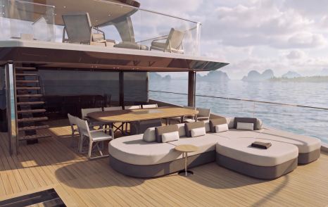 Rendering of Bellini Yacht Eternal 36 motor yacht aft deck seating and alfresco dining
