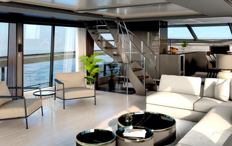 Main salon onboard Sunseeker Ocean 182. White sofa facing two armchairs adjacent to large windows on port side.