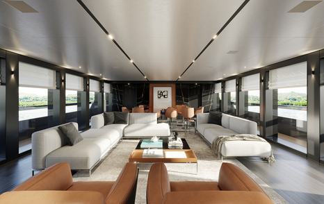 Rendering of Riva 54Metri superyacht saloon with white L-shaped sofa and beige seating