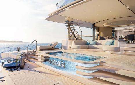 Rendering of Moonen 133 Mallorca motor yacht beach club with infinity pool