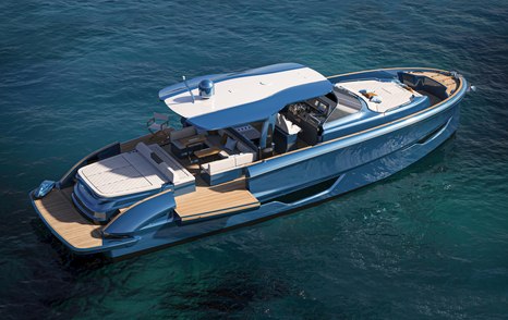 Side view rendering of the Solaris Power 52 Open surrounded by sea.