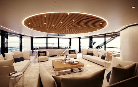 Rendering of Baglietto T60 superyacht main saloon with circular light and white sofas 