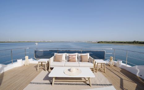 Aft lounge on the Gulf Craft Majesty 100 Terrace bridge deck