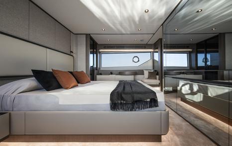 Ferretti 720 master cabin with large window 