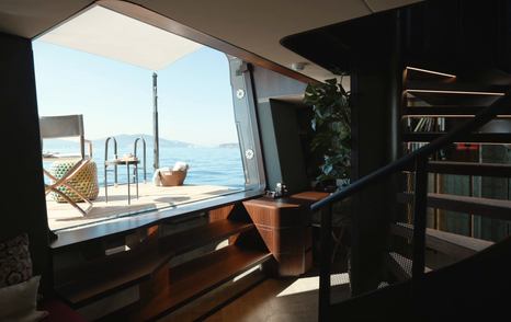 Sirena 118 owner’s lounge with private fold-down sea balcony