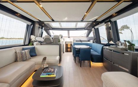  Motor Yacht Ocean's Se7en interior seating with L-shaped sofa