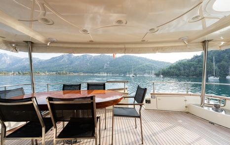Motor yacht Senior S aft deck with shaded alfresco dining