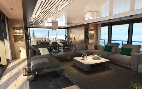 rendering of large U-shaped grey sofa in the window-lined interior of the Sunseeker 161 yacht