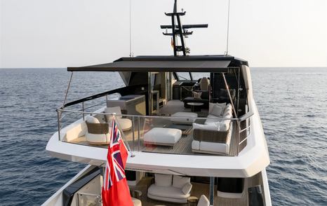 Sunseeker 85 Ocean Enclosed motor yacht upper aft deck with canopy and shaded seating