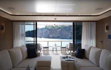 Lazzara LPC 300 Power Catamaran main saloon with glass sliding doors 