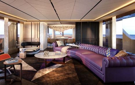 Interior rendering with purple sofa onboard superyacht RAJA²
