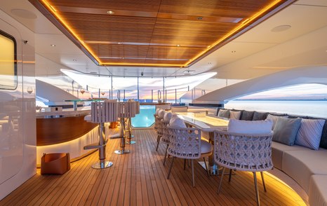 Bilgin 163 II Superyacht Camila upper deck with warm integrated lighting and shaded seating and bar area 