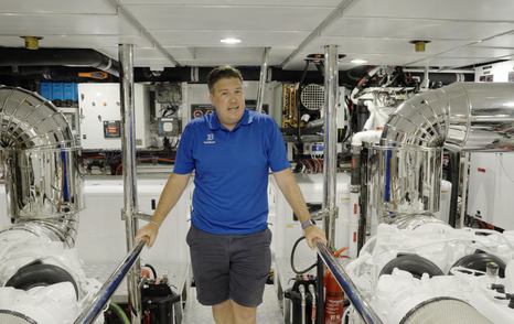Walk-through engine room aboard the Gulf Craft Majesty 100 Terrace with twin MTU engines