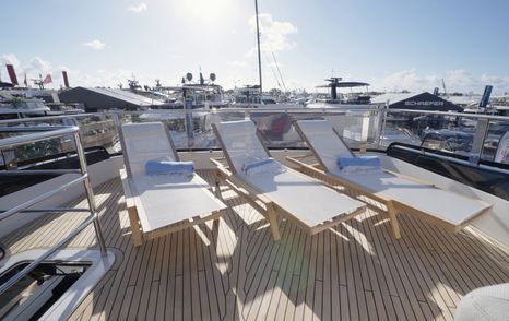 Aft flybridge sun loungers aboard the Galeon 620 Fly.
