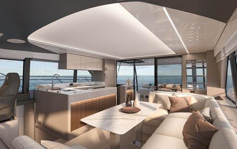 Prestige M6 catamaran galley dining area 