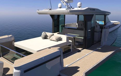 Rendering of Saxdor 460 GTS motor yacht aft with fold our sunpads 
