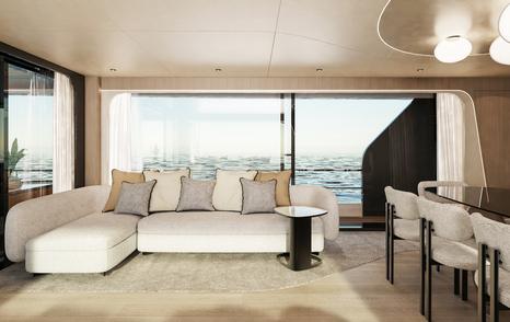 Rendering of Arcadia A80 superyacht main saloon L-shaped sofa