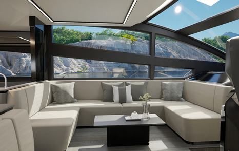 Rendering of Pearl 63 motor yacht interior U-shaped cream sofa 