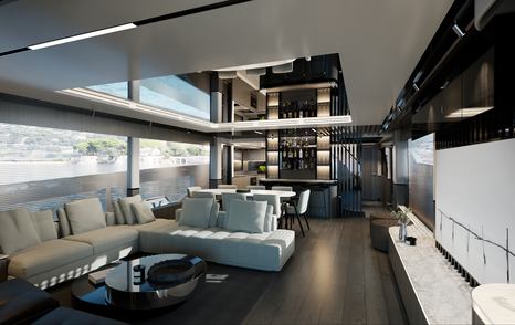 Overview of Pearl 82 main salon, cream sofas to portside with long aisleway leading to other areas of the yacht.