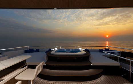 Rendering of GX42 superyacht flybridge jacuzzi at sunset