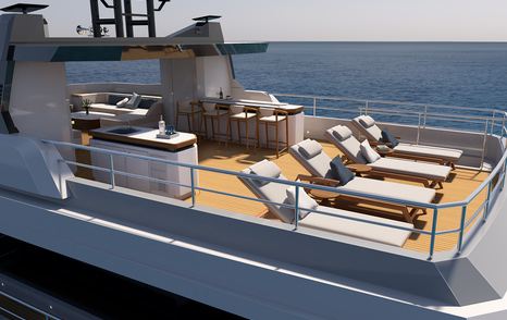 Rendering of Ocean King Explorer 34M explorer yacht sundeck with aft white sunloungers 