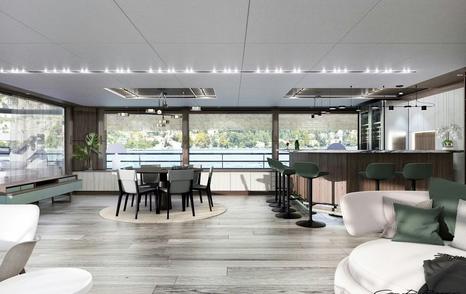 Leapher expedition yacht Horizon's main saloon bar and seating area 