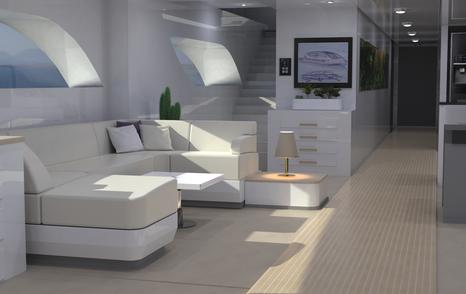 CGI showing light colored interior of Xenos superyacht, with soft furnishing