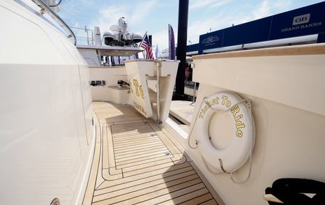Fleming 85 protected side deck leading from cockpit to foredeck with secure walkaround access